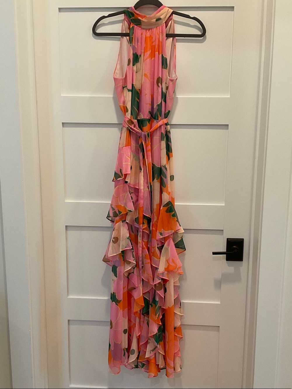 Alex Marie Pink Orange Floral Ruffle Halter Maxi Dress